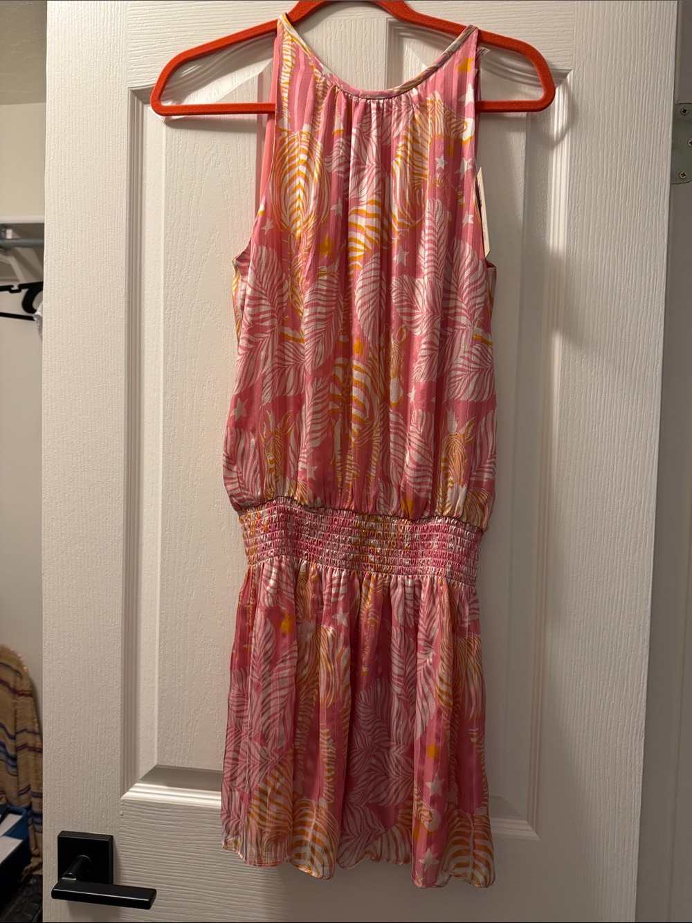 Ramy Brook Pink and Yellow Tropical Smocked-Waist Mini Dress